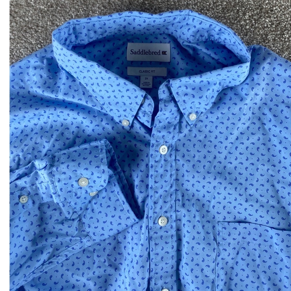 Saddlebred Mens 2XL Classic Fit Blue Paisley Button Down Long Sleeve Shirt